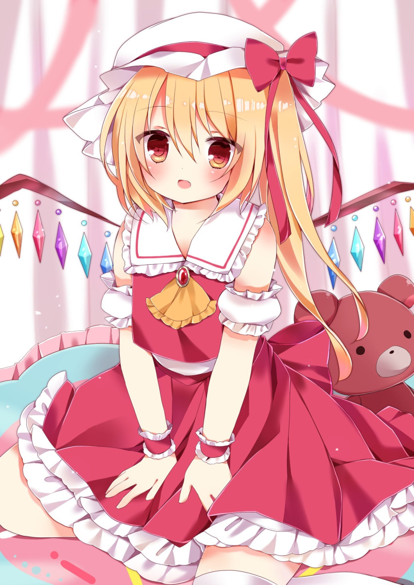 1girl :d ai_1003 ascot bangs between_legs blonde_hair blurry blurry_background blush bow brown_eyes commentary_request crystal depth_of_field detached_sleeves eyebrows_visible_through_hair fang flandre_scarlet frilled_sailor_collar frilled_skirt frills hair_between_eyes hand_between_legs hat highres long_hair looking_at_viewer mob_cap one_side_up open_mouth orange_neckwear puffy_short_sleeves puffy_sleeves red_bow red_skirt red_vest sailor_collar shirt short_sleeves sidelocks skirt sleeveless sleeveless_shirt smile solo stuffed_animal stuffed_toy teddy_bear thigh-highs touhou vest white_headwear white_legwear white_sailor_collar white_shirt white_sleeves wings wrist_cuffs