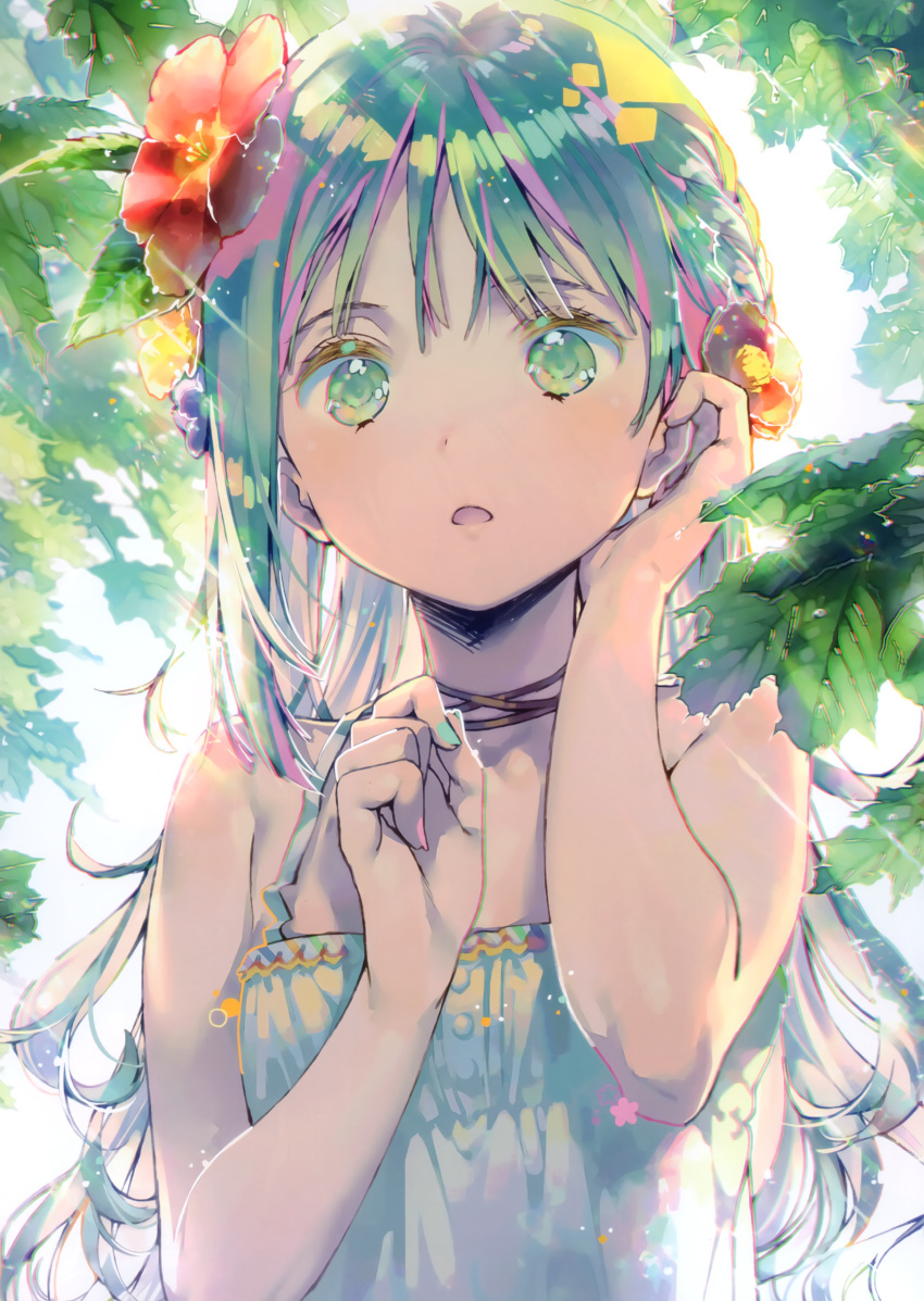 1girl :o absurdres adjusting_hair bare_shoulders day dress dsmile flower green_eyes green_hair hair_flower hair_ornament highres leaf long_hair looking_at_viewer nail_polish open_mouth original outdoors scan sleeveless sleeveless_dress solo sundress sunlight tree upper_body white_dress