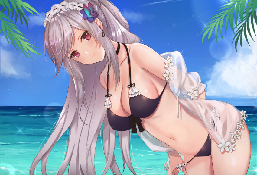 1girl arms_behind_back azur_lane bent_over bikini black_bikini blue_sky blush breasts closed_mouth clouds collarbone day dunkerque_(azur_lane) kon_(k0n16) light_smile long_hair looking_at_viewer maid_headdress medium_breasts navel ocean red_eyes silver_hair sky solo sparkle standing sunlight swimsuit