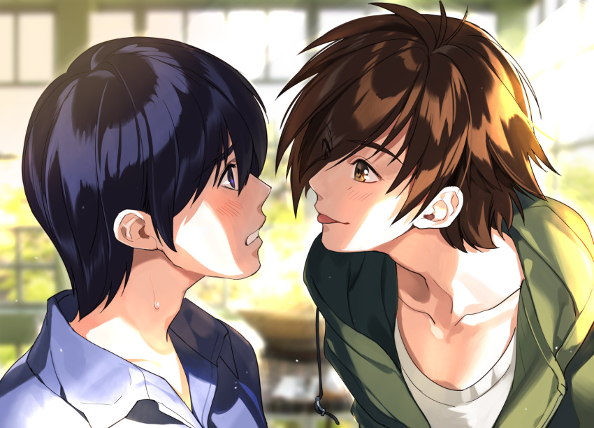 2boys black_hair blue_eyes blue_shirt blurry blurry_background blush brown_hair collarbone commentary_request eyebrows_visible_through_hair green_jacket grin hikaru_no_go indoors jacket komeo15 looking_at_another male_focus multiple_boys shirt short_hair smile teeth tongue tongue_out white_shirt window