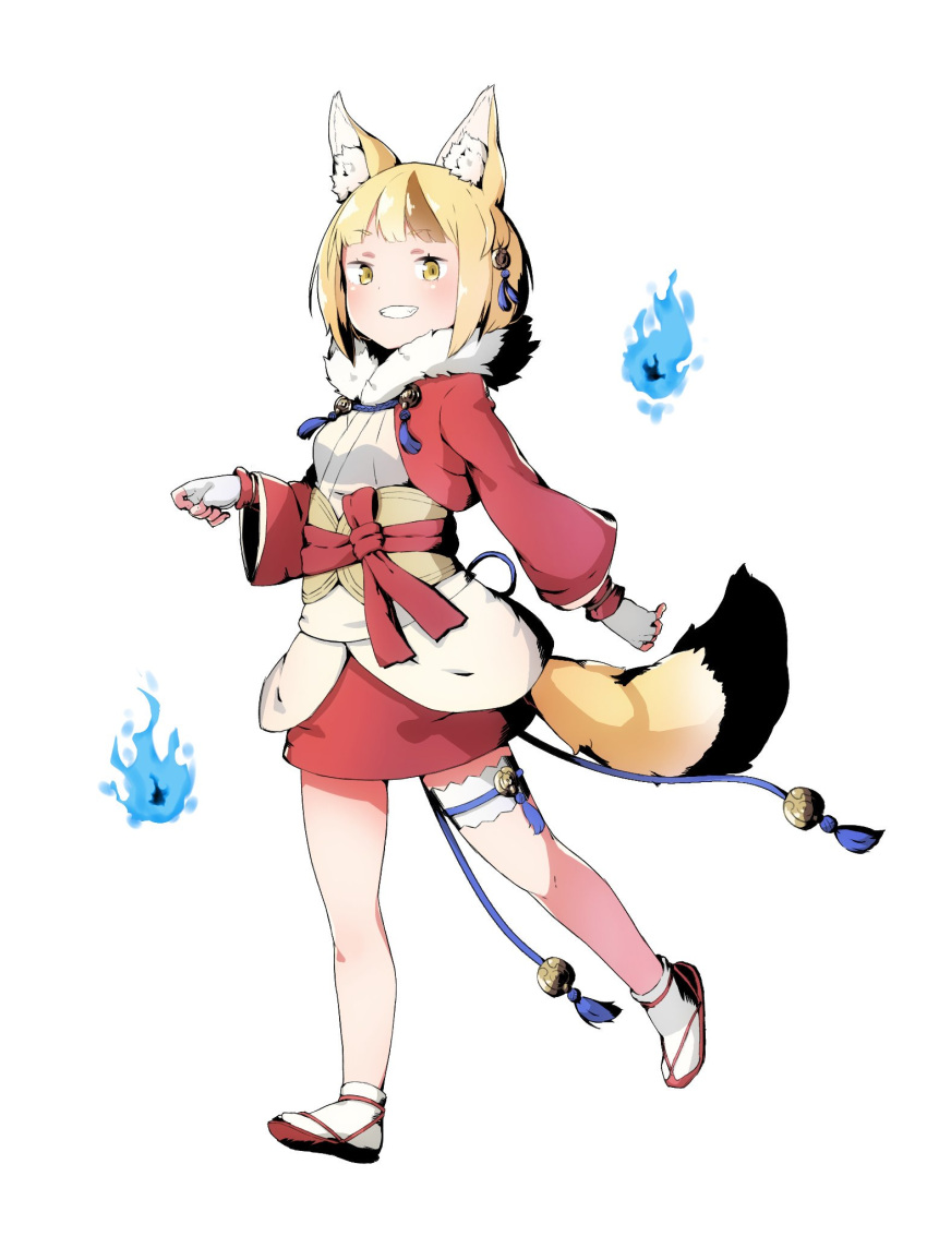 1girl animal_ears blonde_hair brown_hair fingerless_gloves fire_emblem fire_emblem_fates fire_emblem_if fox_ears fox_tail full_body gloves grin highres intelligent_systems japanese_clothes long_sleeves multicolored_hair nintendo ruis_bacon selkie_(fire_emblem) simple_background smile solo streaked_hair tail white_background white_gloves yellow_eyes