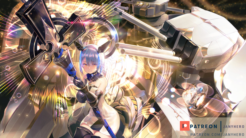 1girl azur_lane bangs bare_shoulders blue_hair commentary cross detached_collar dress english_commentary eyebrows_visible_through_hair fleur_de_lis gascogne_(azur_lane) gauntlets hair_between_eyes headgear highres holding holding_spear holding_weapon janyhero looking_at_viewer patreon_logo patreon_username polearm rigging short_hair sleeveless smile solo spear weapon white_dress yellow_eyes