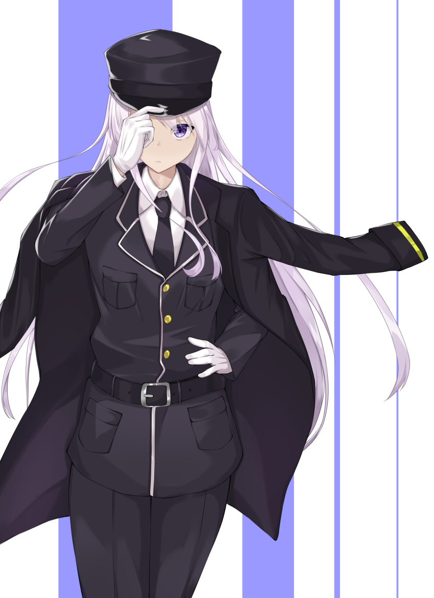 1girl absurdres adjusting_headwear azur_lane belt black_coat black_headwear black_legwear black_neckwear black_shirt buttons closed_mouth coat collared_shirt commentary_request cowboy_shot enterprise_(azur_lane) eyebrows_visible_through_hair eyes_visible_through_hair gloves hand_on_hip hat highres hof_re122000 long_hair long_sleeves military military_uniform necktie pants pocket shirt simple_background solo striped striped_background undershirt uniform very_long_hair violet_eyes white_gloves white_hair white_undershirt