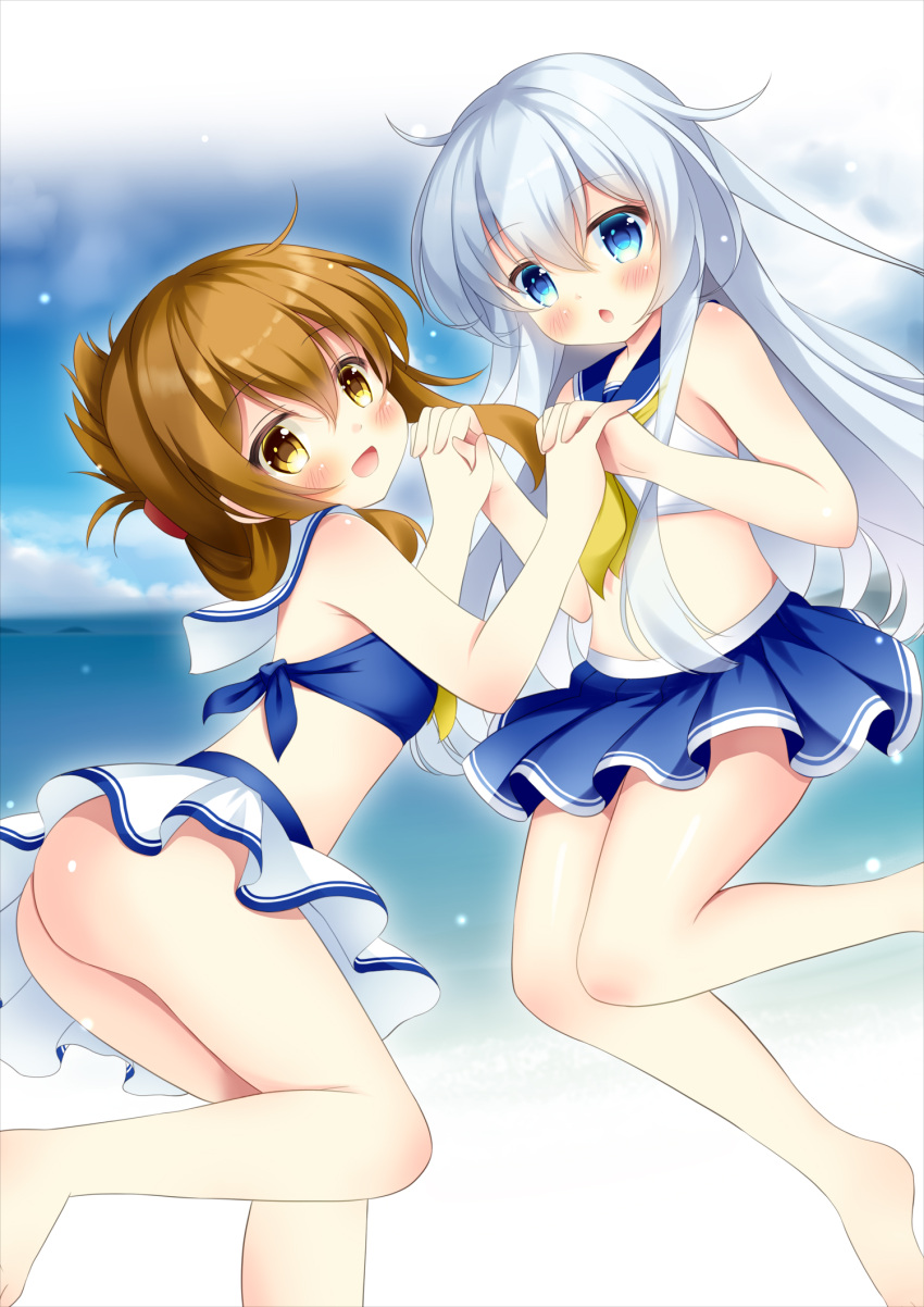 2girls :o ass beach bikini bikini_skirt blue_eyes blue_sailor_collar blue_skirt blue_swimsuit brown_eyes brown_hair clouds cloudy_sky eyebrows_visible_through_hair feet_out_of_frame flat_chest folded_ponytail hair_between_eyes hair_ornament hairclip hands_together hibiki_(kantai_collection) highres inazuma_(kantai_collection) island kantai_collection long_hair looking_at_viewer multiple_girls ocean sailor_collar silver_hair skirt sky smile standing standing_on_one_leg swimsuit water white_hair white_sailor_collar white_skirt yellow_neckwear yuto_sepiacolor