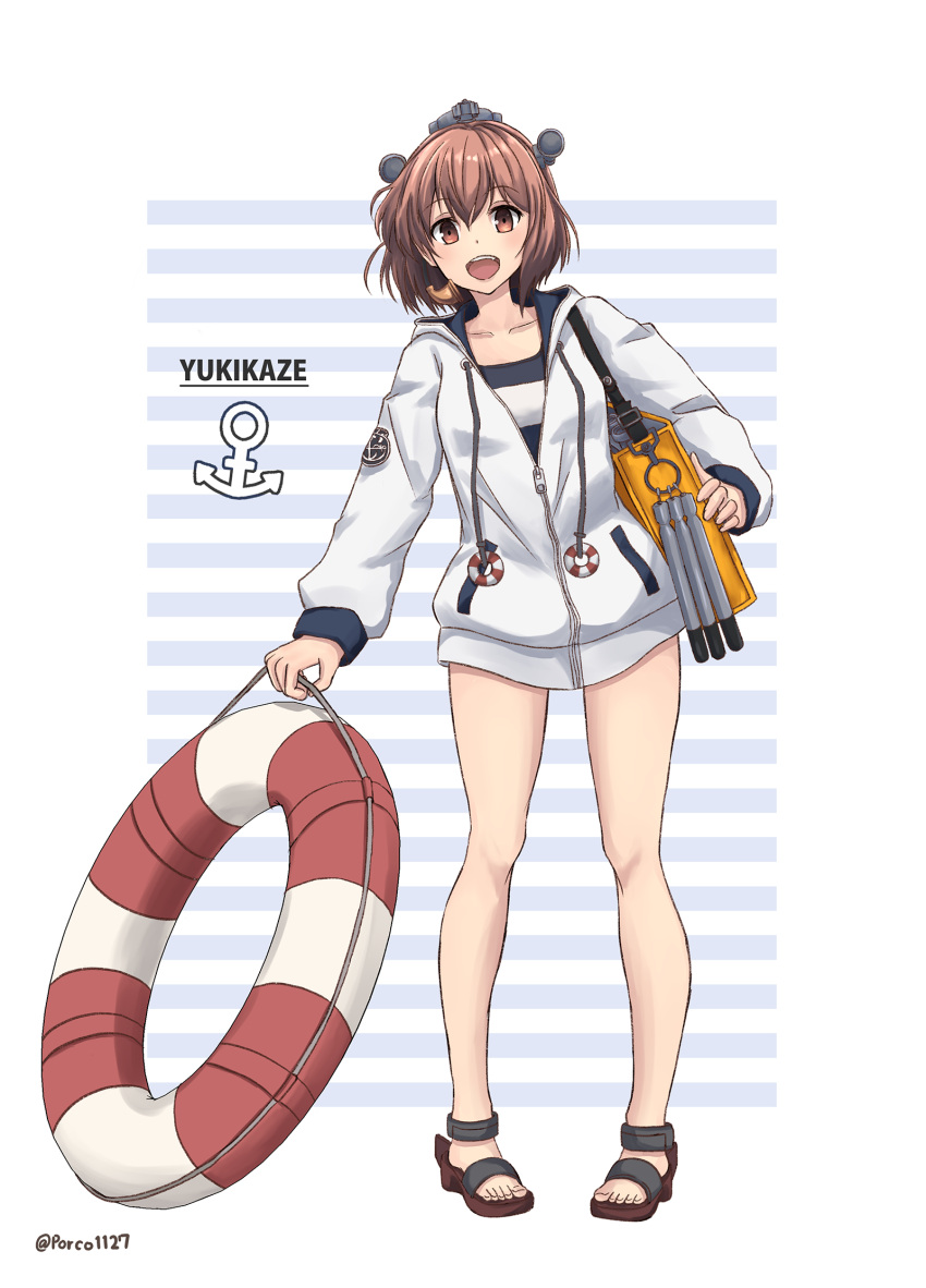 1girl anchor_symbol bag black_swimsuit brown_eyes brown_hair collarbone commentary_request drawstring full_body headgear headset highres hood hooded_jacket hoodie jacket kantai_collection lifebuoy looking_at_viewer name_tag open_mouth porco1127 round_teeth sandals school_swimsuit short_hair smile solo speaking_tube_headset standing striped striped_background swimsuit teeth twitter_username upper_teeth white_jacket yukikaze_(kantai_collection)