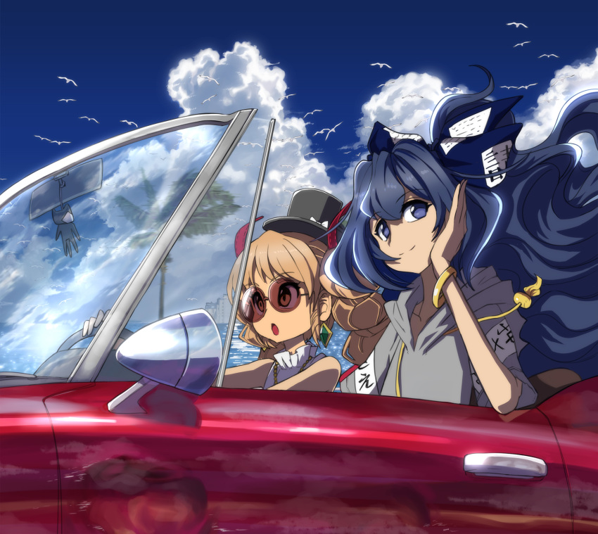 2girls bangle bangs bare_shoulders bird black_headwear blue_bow blue_eyes blue_hair blue_sky bow bracelet brown_eyes brown_hair car clouds collarbone commentary_request day debt drawstring dress drill_hair driving earrings eyebrows_visible_through_hair grey_hoodie ground_vehicle hair_between_eyes hair_bow hand_up hat hat_bow highres hood hoodie jewelry long_hair looking_at_viewer mini_hat mini_top_hat motor_vehicle multiple_girls necklace outdoors palm_tree reflection shope short_sleeves siblings sidelocks sisters sky sleeveless sleeveless_dress smile stuffed_animal stuffed_cat stuffed_toy sunglasses top_hat touhou tree twin_drills twintails upper_body very_long_hair white_bow white_dress yorigami_jo'on yorigami_shion