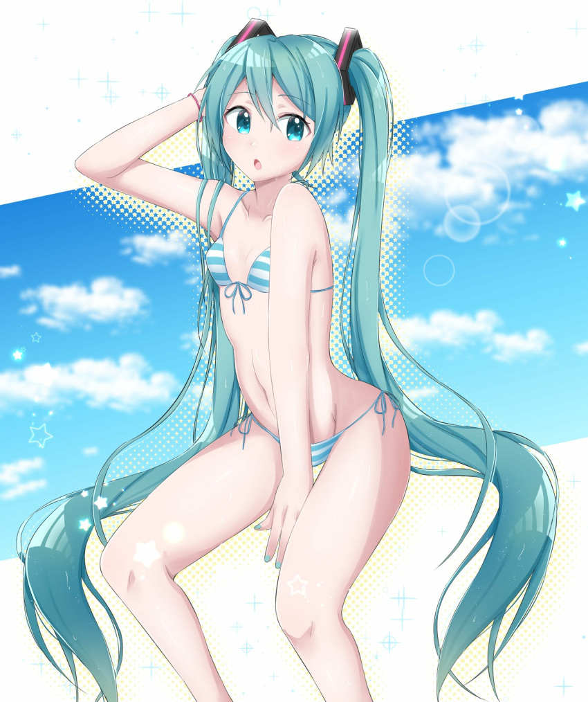 1girl :o absurdly_long_hair aqua_hair arm_up bikini blue_eyes blue_nails breasts clouds commentary_request eyebrows_visible_through_hair feet_out_of_frame groin hair_between_eyes hair_ornament hand_in_hair hatsune_miku highres lens_flare long_hair looking_to_the_side nail_polish navel open_mouth side-tie_bikini sitting small_breasts solo star striped striped_bikini supo01 swimsuit very_long_hair vocaloid