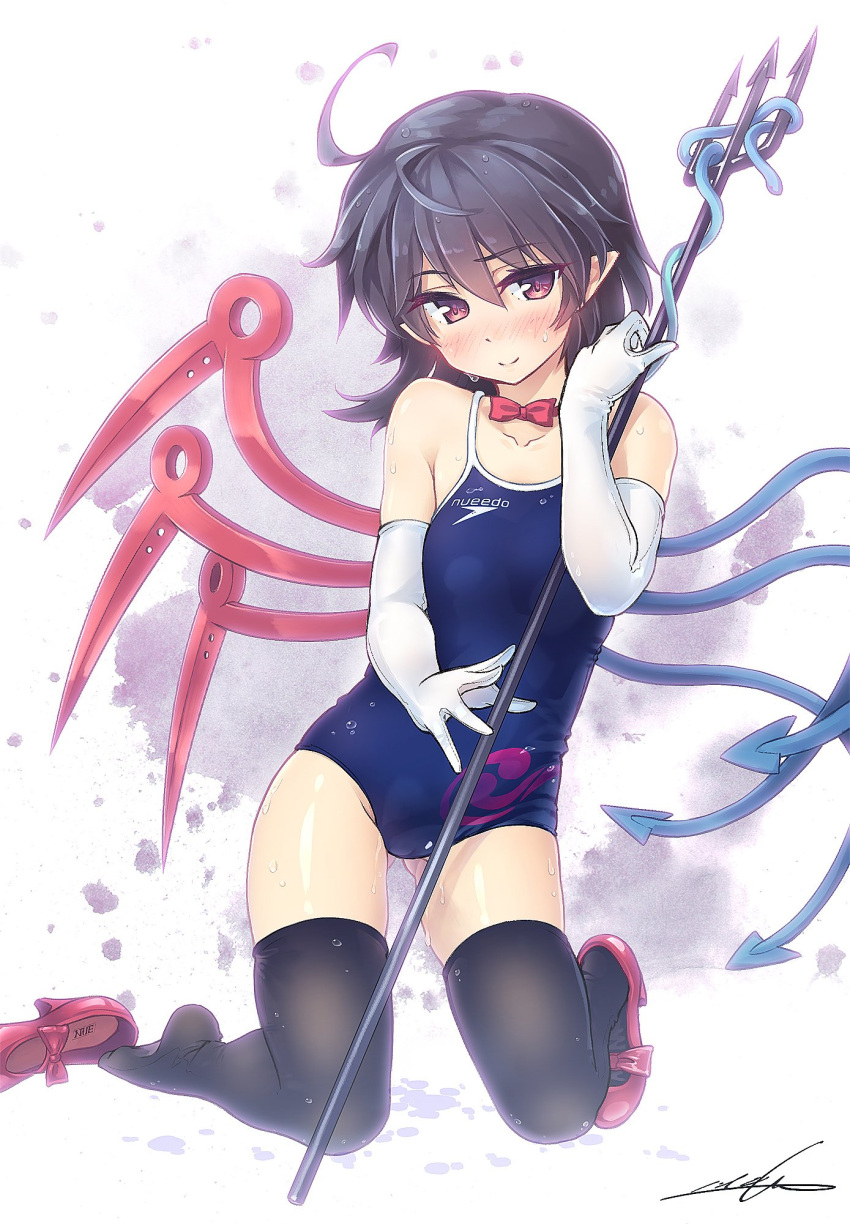 1girl ahoge ass_visible_through_thighs asymmetrical_wings bangs bare_shoulders black_hair black_legwear blue_swimsuit blue_wings blush bow bowtie breasts collarbone commentary_request elbow_gloves eyebrows_visible_through_hair gloves hair_between_eyes hand_up high_heels highres holding holding_weapon houjuu_nue kneeling looking_at_viewer nose_blush one-piece_swimsuit orita_enpitsu pointy_ears polearm red_bow red_eyes red_footwear red_neckwear red_wings shoes short_hair signature simple_background single_shoe skindentation small_breasts smile solo sweat swimsuit thighs touhou trident weapon white_background white_gloves wings