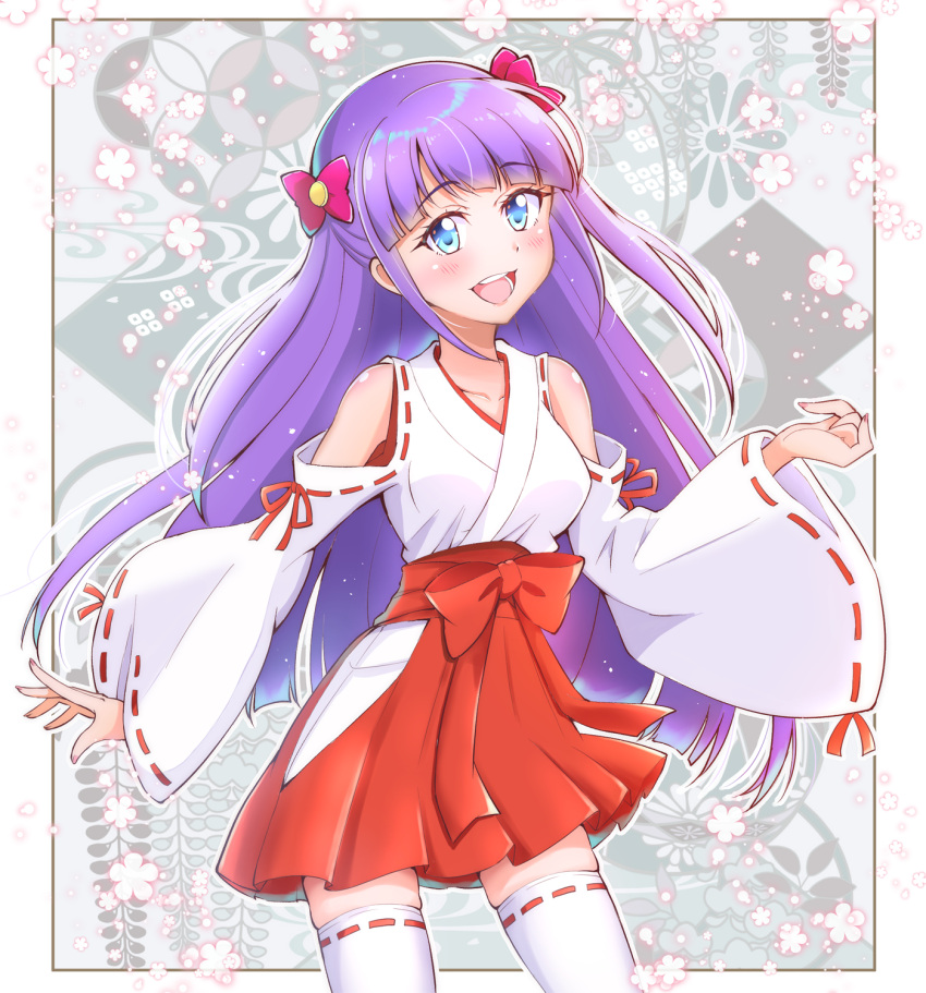 1girl :d bangs blue_eyes blush bow collarbone collared_jacket cowboy_shot eyebrows_visible_through_hair floating_hair hair_bow hakama hakama_skirt highres japanese_clothes kaatsukun kaguya_madoka kimono long_hair long_sleeves miko open_mouth precure purple_hair red_bow red_hakama ribbon-trimmed_legwear ribbon-trimmed_sleeves ribbon_trim shiny shiny_hair shoulder_cutout smile solo standing star_twinkle_precure thigh-highs very_long_hair white_kimono white_legwear wide_sleeves zettai_ryouiki