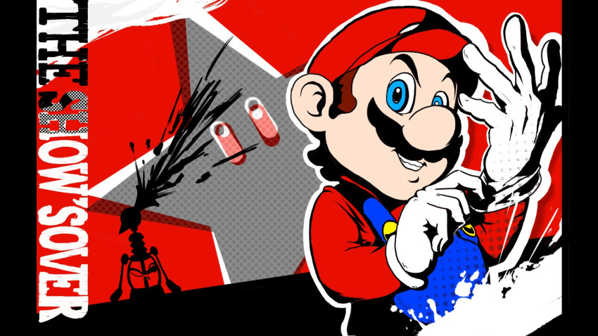 1boy adjusting_clothes atlus blue_eyes brown_hair english english_commentary f.l.u.d.d. gloves grin hat human looking_at_viewer male_focus mario super_mario_bros. megami_tensei moustache nintendo nintendo_ead overalls parody persona persona_5 plumber qblock634 red_shirt solo splatter star starman_(mario) super_mario_bros. super_mario_sunshine super_smash_bros. super_smash_bros._ultimate super_smash_bros_brawl super_star