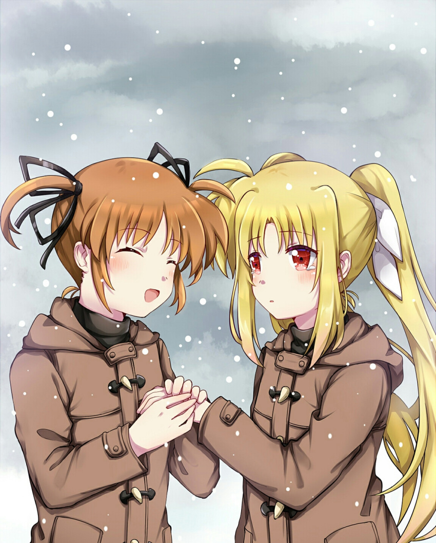 2girls black_ribbon blonde_hair blush brown_hair closed_eyes clouds cloudy_sky couple fate_testarossa hair_ornament hair_ribbon happy highres holding_hands jacket long_hair long_sleeves looking_at_another lyrical_nanoha mahou_shoujo_lyrical_nanoha mahou_shoujo_lyrical_nanoha_a's mikasa-01 multiple_girls open_mouth red_eyes ribbon short_hair short_twintails sky smile snow takamachi_nanoha tearing_up tears tongue twintails white_ribbon yuri
