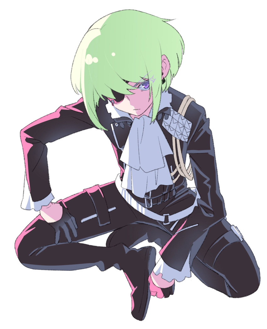 belt biker_clothes black_gloves black_jacket cravat earrings eyepatch ff_rchu frilled_shirt_collar frilled_sleeves frills gloves green_hair half_gloves highres jacket jewelry lio_fotia looking_at_viewer male_focus multiple_belts promare sitting solo violet_eyes