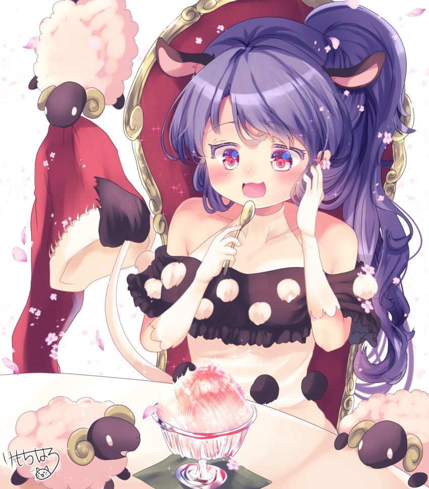 1girl :3 :d adapted_costume alternate_eye_color alternate_hairstyle animal_ears bangs bare_shoulders blue_hair blush bowl chair commentary_request doremy_sweet dress eyebrows_visible_through_hair glass_bowl gloves hands_up hat hat_removed headwear_removed highres kemo_chiharu long_hair nightcap off-shoulder_dress off_shoulder open_mouth petals pink_eyes pom_pom_(clothes) ponytail red_headwear shaved_ice sheep signature simple_background smile solo sparkle table tail tapir_ears tapir_tail touhou upper_body white_background white_dress white_gloves