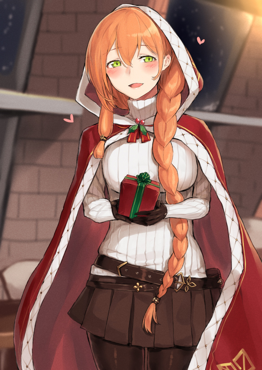 1girl :d bad_proportions belt belt_pouch black_legwear black_skirt blurry blurry_background blush braid breasts cloak gift girls_frontline green_eyes highres indoors large_breasts long_hair long_sleeves looking_at_viewer m1903_springfield_(girls_frontline) miniskirt open_mouth orange_hair pantyhose poco_(backboa) pouch red_cloak ribbed_sweater skirt smile solo sweater very_long_hair white_sweater