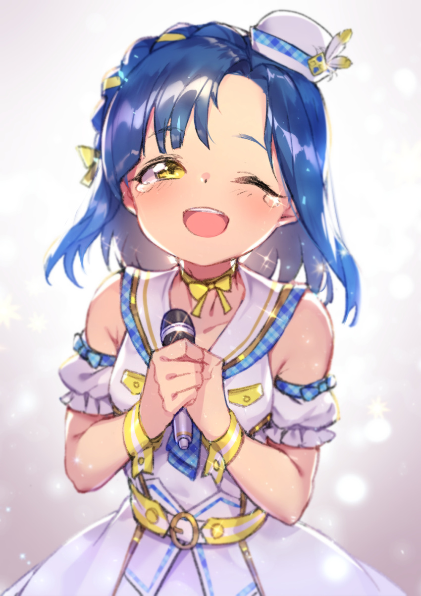 1girl ;d bangs blue_hair blush bow choker collarbone detached_sleeves dress eyebrows_visible_through_hair grey_background half-closed_eye hands_together hat highres holding holding_microphone idolmaster idolmaster_million_live! long_hair microphone mini_hat nanao_yuriko one_eye_closed open_mouth own_hands_together puffy_short_sleeves puffy_sleeves sailor_collar sailor_dress shennai_misha short_sleeves sleeveless sleeveless_dress smile solo tears tilted_headwear white_dress white_headwear white_sailor_collar white_sleeves wrist_cuffs yellow_bow yellow_choker yellow_eyes