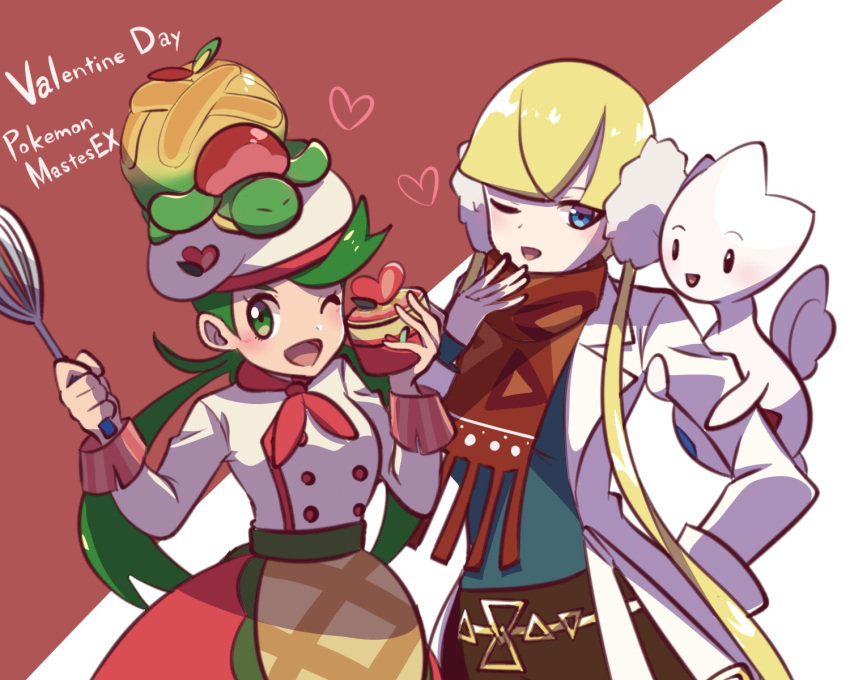2girls ;d appletun apron blonde_hair buttons coat commentary_request earmuffs elesa_(palentine's_2023)_(pokemon) elesa_(pokemon) green_eyes green_hair hand_up hat heart highres holding holding_whisk long_hair long_sleeves mallow_(palentine's_2023)_(pokemon) mallow_(pokemon) multiple_girls official_alternate_costume on_head one_eye_closed open_clothes open_coat open_mouth pokemon pokemon_(creature) pokemon_(game) pokemon_masters_ex pokemon_on_head saon101 scarf shirt skirt smile togetic twintails valentine waist_apron whisk white_coat white_headwear white_shirt