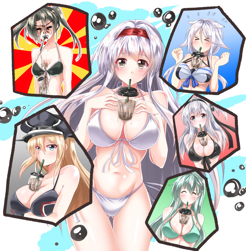 6+girls absurdres adapted_costume bangs bikini bismarck_(kantai_collection) black_bikini black_headband blonde_hair blue_eyes blue_hair blue_neckwear braid breast_envy breasts bubble_tea bubble_tea_challenge closed_eyes commentary_request cowboy_shot cup disposable_cup drinking_straw front-tie_bikini front-tie_top green_bikini green_hair grey_hair hachimaki hair_flaps hair_ornament hair_ribbon hairband hairclip hat headband highres kantai_collection kentan_(kingtaiki) large_breasts long_hair meme mole mole_under_eye multiple_girls object_on_breast one_side_up parted_bangs peaked_cap remodel_(kantai_collection) ribbon sailor_bikini sailor_collar shoukaku_(kantai_collection) side-tie_bikini silver_hair single_braid small_breasts suzutsuki_(kantai_collection) suzuya_(kantai_collection) swimsuit twintails umikaze_(kantai_collection) upper_body very_long_hair white_bikini white_ribbon zuikaku_(kantai_collection)
