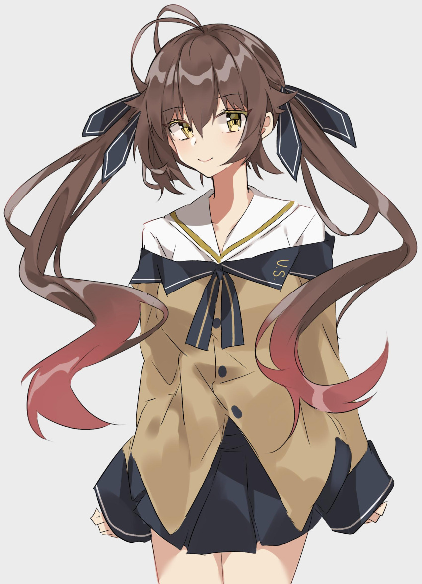 1girl absurdres ahoge aogisa bangs black_skirt blush breasts brown_hair buttons clothes_writing eyebrows_visible_through_hair girls_frontline gradient_hair grey_background hair_between_eyes hair_ribbon highres long_hair long_sleeves m14_(girls_frontline) multicolored_hair off_shoulder ribbon school_uniform simple_background skirt smile solo twintails yellow_eyes