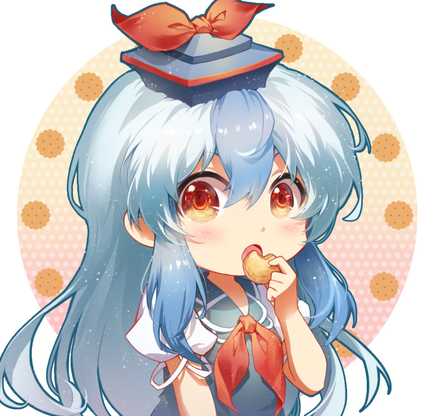 1girl :o bangs blue_dress blue_hair blue_headwear blush chibi chinese_commentary circle commentary_request cookie dress eyebrows_visible_through_hair food hair_between_eyes hand_up hat hat_ribbon holding holding_food kamishirasawa_keine light_particles long_hair looking_at_viewer neckerchief open_mouth pinafore_dress puffy_short_sleeves puffy_sleeves red_eyes red_neckwear red_ribbon ribbon shangguan_feiying shirt short_sleeves simple_background solo touhou upper_body very_long_hair white_background white_shirt