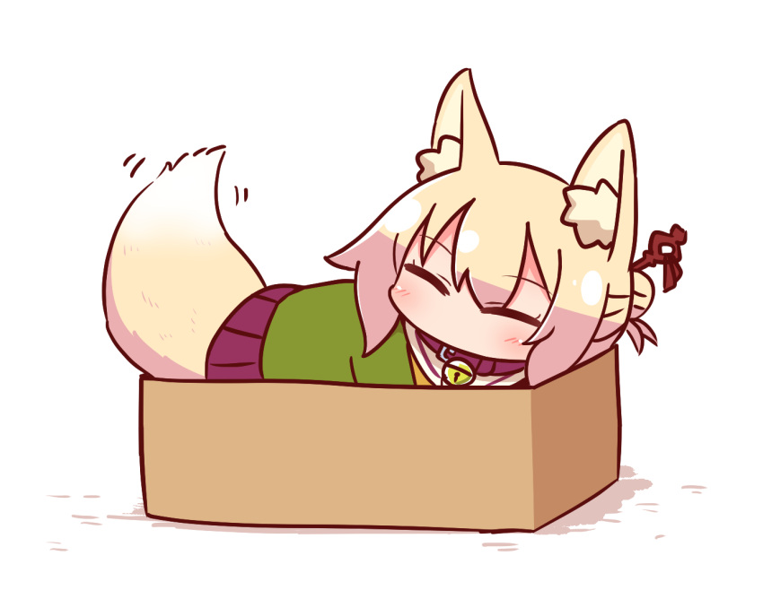 1girl animal_ear_fluff animal_ears bangs bell bell_collar blush box brown_collar cardboard_box closed_eyes collar eyebrows_visible_through_hair fox_ears fox_girl fox_tail full_body green_shirt hair_bun hair_ornament in_box in_container jingle_bell kemomimi-chan_(naga_u) naga_u original pleated_skirt purple_skirt sailor_collar shadow shirt sidelocks skirt solo tail white_background white_sailor_collar