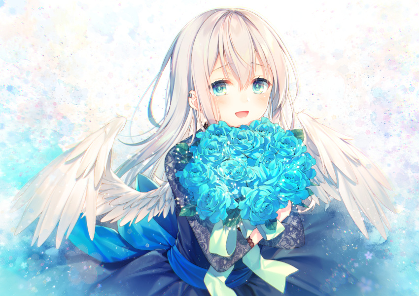 1girl :d angel_wings aqua_eyes blue_dress blue_flower blue_ribbon bouquet dress ear_piercing feathered_wings floral_print flower holding holding_bouquet long_hair long_sleeves looking_at_viewer open_mouth original piercing ribbon rose sidelocks silver_hair smile solo toosaka_asagi upper_body wings