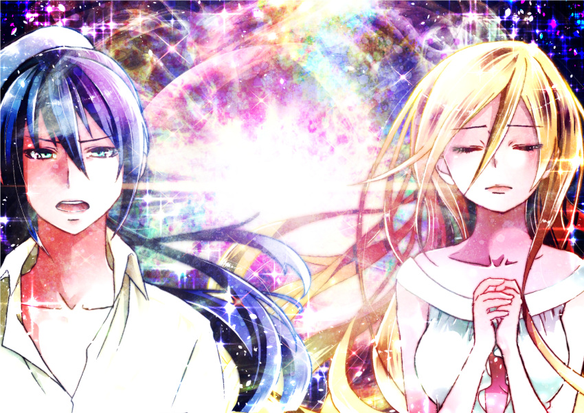 1boy 1girl blonde_hair blue_eyes closed_eyes collarbone commentary facing_viewer hands_together highres kamui_gakupo lens_flare_abuse lily_(vocaloid) long_hair long_ponytail looking_at_viewer open_mouth orihara_sachiko praying purple_hair shirt sparkle straight_hair upper_body v-shaped_eyebrows vocaloid white_shirt