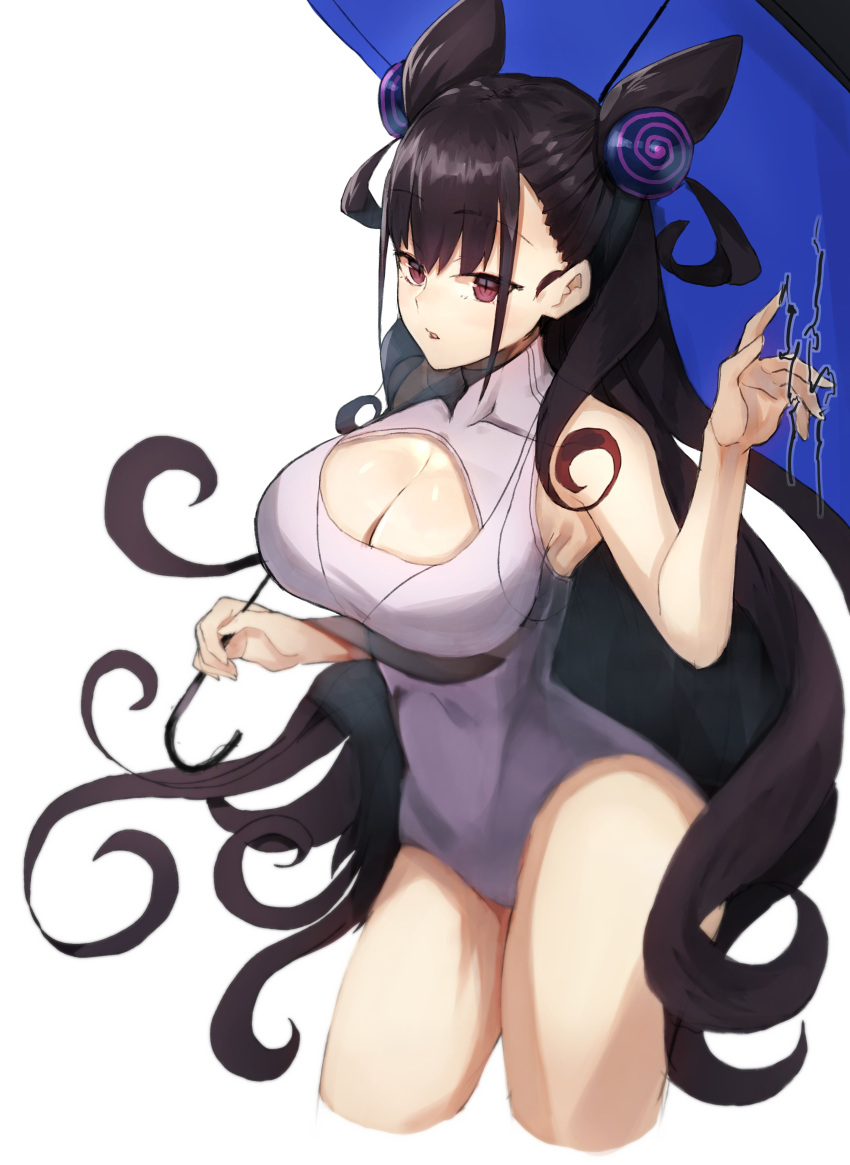 1girl absurdres arm_up armpits bangs black_hair breasts cleavage_cutout commentary cropped_legs double_bun fate/grand_order fate_(series) hair_ornament highres holding holding_umbrella kasuka_(kusuki) large_breasts long_hair looking_at_viewer murasaki_shikibu_(fate) one-piece_swimsuit parasol purple_swimsuit sketch solo swimsuit umbrella very_long_hair violet_eyes