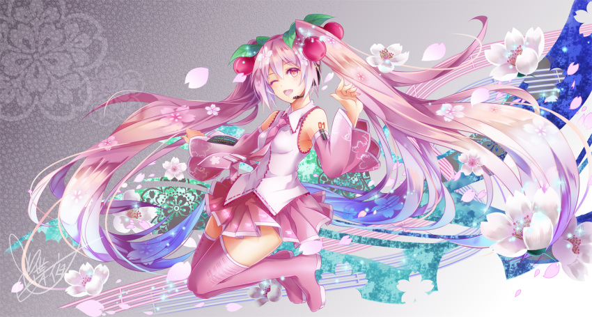 1girl blue_hair boots breasts cherry_blossoms commentary_request detached_sleeves floating_hair gradient_hair hair_ornament hatsune_miku long_hair microphone multicolored_hair necktie official_art pink_eyes pink_hair pink_legwear pink_neckwear pink_skirt pose sakura_miku shirt skirt sleeveless sleeveless_shirt small_breasts solo thigh-highs thigh_boots twintails tyouya very_long_hair vocaloid white_shirt wide_sleeves zettai_ryouiki