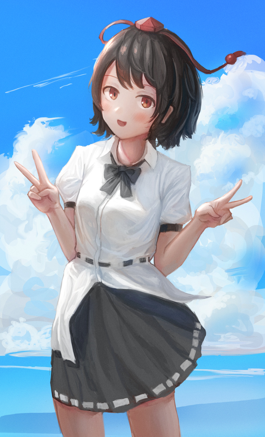 1girl :d arms_up bangs belt black_hair black_neckwear black_skirt blue_sky blush bow bowtie breasts clouds contrapposto cowboy_shot day double_v fjsmu hat head_tilt highres looking_at_viewer medium_breasts open_mouth outdoors puffy_short_sleeves puffy_sleeves red_eyes shameimaru_aya shirt short_hair short_sleeves skirt sky smile solo tokin_hat touhou untucked_shirt v white_shirt wind wind_lift