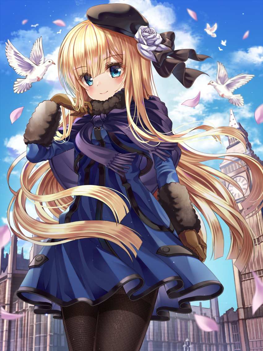 1girl animal bangs beret bird black_headwear black_legwear black_ribbon blonde_hair blue_dress blue_eyes blue_sky brown_gloves clock clock_tower closed_mouth clouds commentary_request day dress ecu8080 eyebrows_visible_through_hair fate_(series) flower flying fringe_trim fur_collar gloves hair_between_eyes hair_flower hair_ornament hair_ribbon hand_up has_bad_revision has_downscaled_revision hat highres long_sleeves lord_el-melloi_ii_case_files outdoors pantyhose petals reines_el-melloi_archisorte ribbon rose sky smile solo standing thighband_pantyhose tilted_headwear tower white_flower white_rose