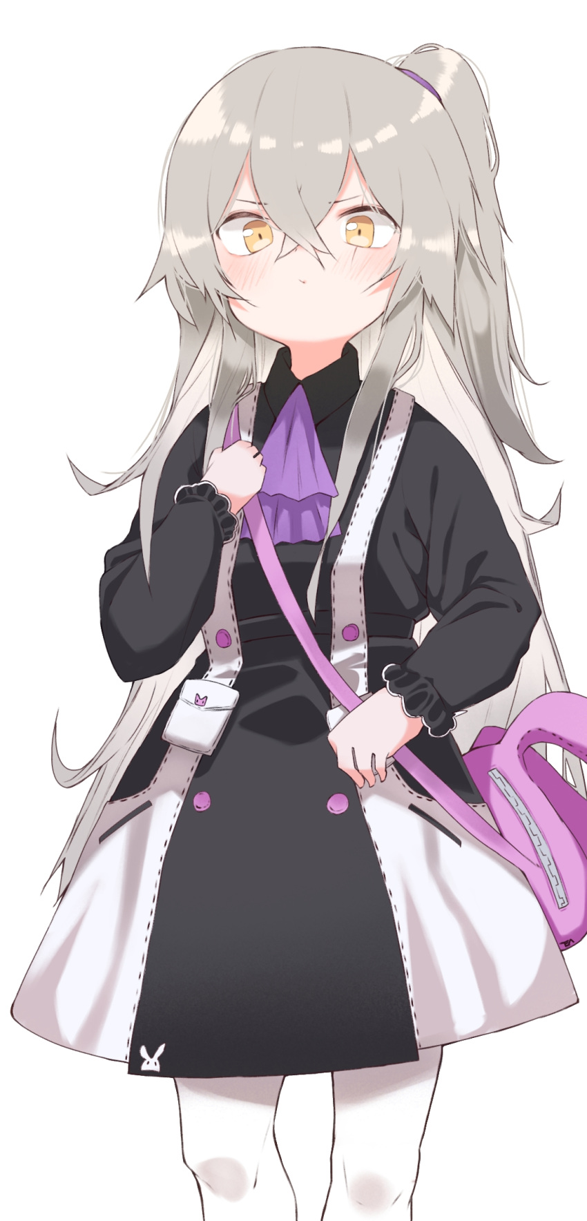 1girl animal_bag bag bangs black_dress blush brown_eyes closed_mouth collared_dress commentary dress eyebrows_visible_through_hair girls_frontline grey_hair hair_between_eyes highres long_hair looking_at_viewer one_side_up pantyhose purple_neckwear shoulder_bag simple_background solo tosyeo ump45_(girls_frontline) v-shaped_eyebrows very_long_hair white_background white_legwear