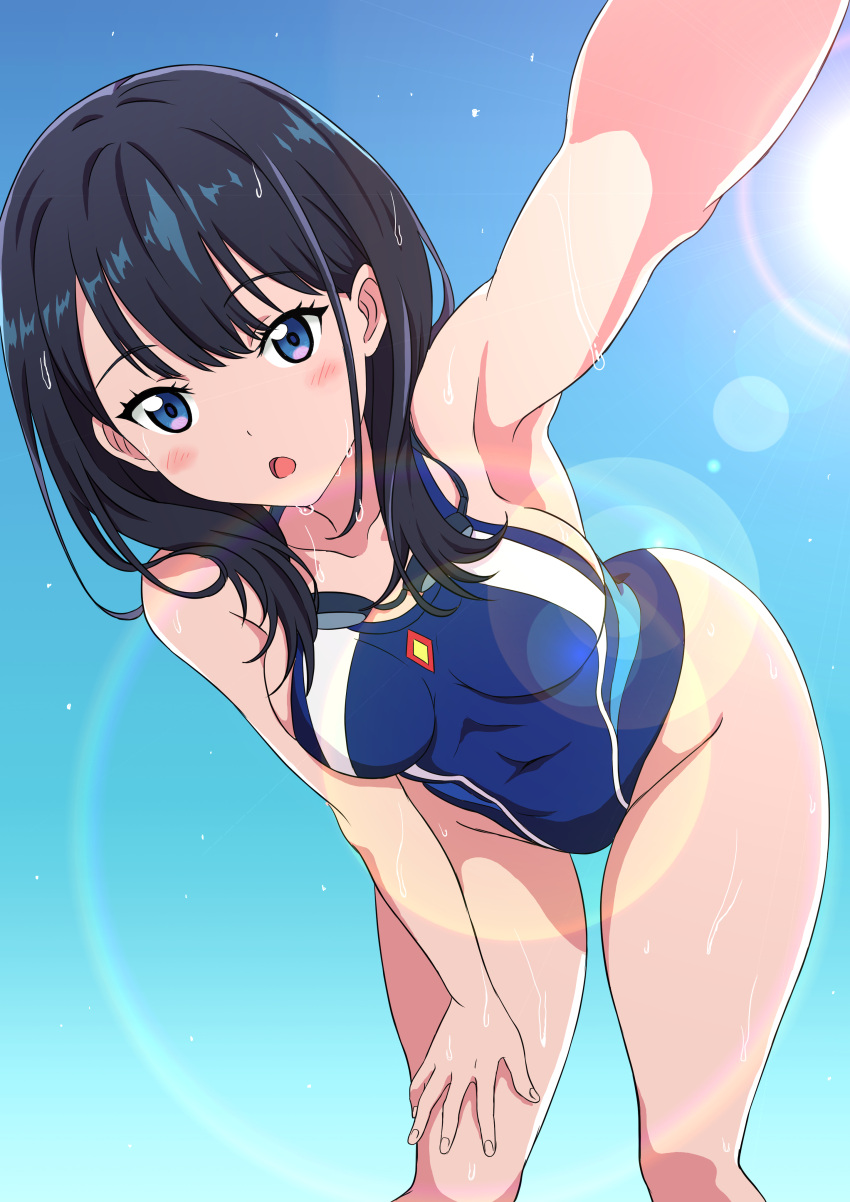 1girl :o absurdres armpits bare_arms bent_over black_hair blue_eyes blue_sky blush breasts competition_swimsuit covered_navel highres looking_at_viewer on_(ugammishyoura) one-piece_swimsuit open_mouth outstretched_arm sideboob sky ssss.gridman swimsuit takarada_rikka wet