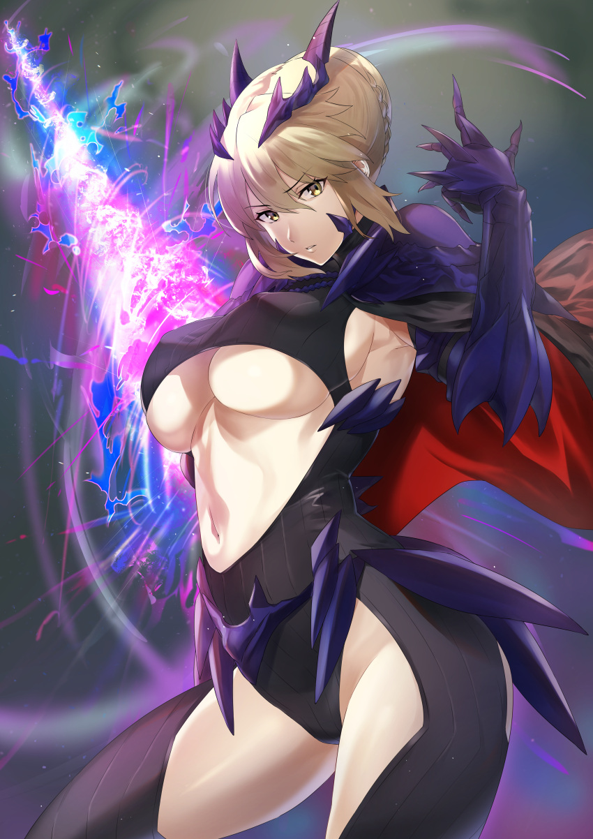 1girl absurdres armpits artoria_pendragon_(all) artoria_pendragon_(lancer_alter) bangs black_bodysuit bodysuit braid breasts cape center_opening closed_mouth dark_rhongomyniad fate/grand_order fate_(series) french_braid fujitsubo_(hujitubo0731) hair_between_eyes highres horns huge_filesize large_breasts long_hair looking_at_viewer navel revealing_clothes ribbed_bodysuit sidelocks solo thighs under_boob yellow_eyes