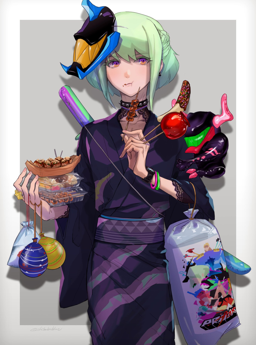 bag bagged_fish candy_apple chocolate_banana choker earrings eating fish food green_hair highres holding holding_food japanese_clothes jewelry kimono lio_fotia male_focus mask mask_on_head print_kimono promare shibabablue spiked_choker spikes takoyaki violet_eyes