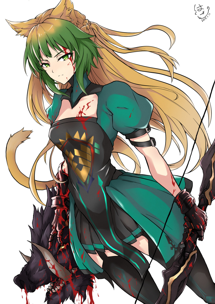 1girl animal_ear_fluff animal_ears atalanta_(fate) black_gloves black_legwear black_skirt blonde_hair blood blood_on_face bloody_clothes bow_(weapon) cat_ears cat_tail closed_mouth dutch_angle fate/apocrypha fate_(series) gloves gradient_hair green_eyes green_hair highres holding holding_bow_(weapon) holding_weapon long_hair miniskirt multicolored_hair pleated_skirt shitamichi short_sleeves simple_background skirt solo standing tail thigh-highs turtleneck very_long_hair weapon white_background zettai_ryouiki