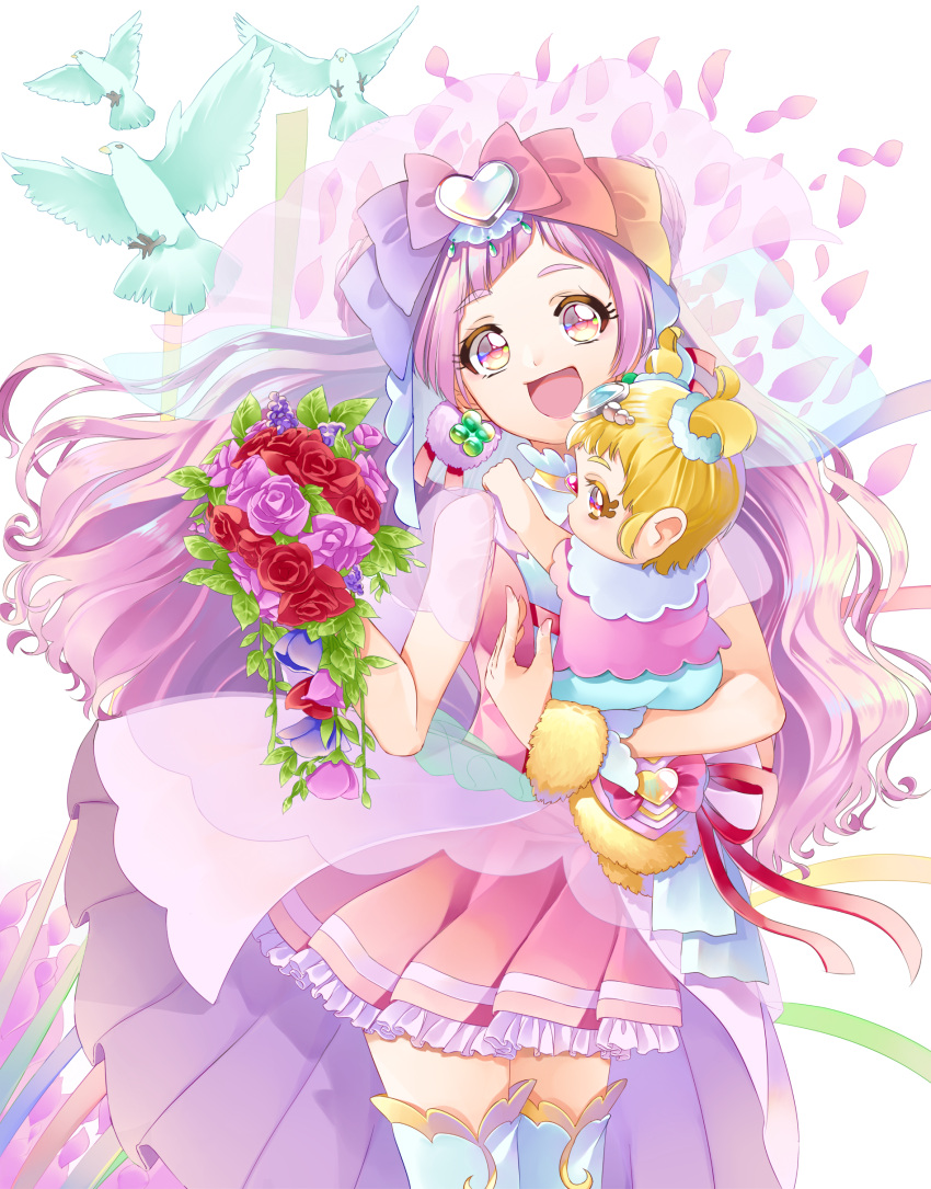 1girl :d absurdres baby bird boots bouquet bow carrying cheerful_style cure_yell floating_hair flower frilled_skirt frills hair_bow hair_ornament head_tilt heart heart_hair_ornament highres holding holding_bouquet hug-tan_(precure) hugtto!_precure long_hair miniskirt nono_hana open_mouth petals pink_flower pink_hair pink_rose pink_skirt pleated_skirt precure red_flower red_rose rose see-through skirt sleeves smile thigh-highs thigh_boots very_long_hair white_footwear yuutarou_(fukiiincho) zettai_ryouiki
