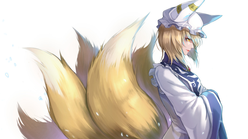 1girl bangs blonde_hair breasts brooch commentary dress eyeshadow fox_tail from_side hat highres jewelry lipstick long_sleeves makeup medium_breasts multiple_tails ofuda petals pillow_hat profile re_(re_09) red_lipstick short_hair simple_background solo tabard tail touhou upper_body white_background white_dress white_headwear wide_sleeves yakumo_ran yellow_eyes