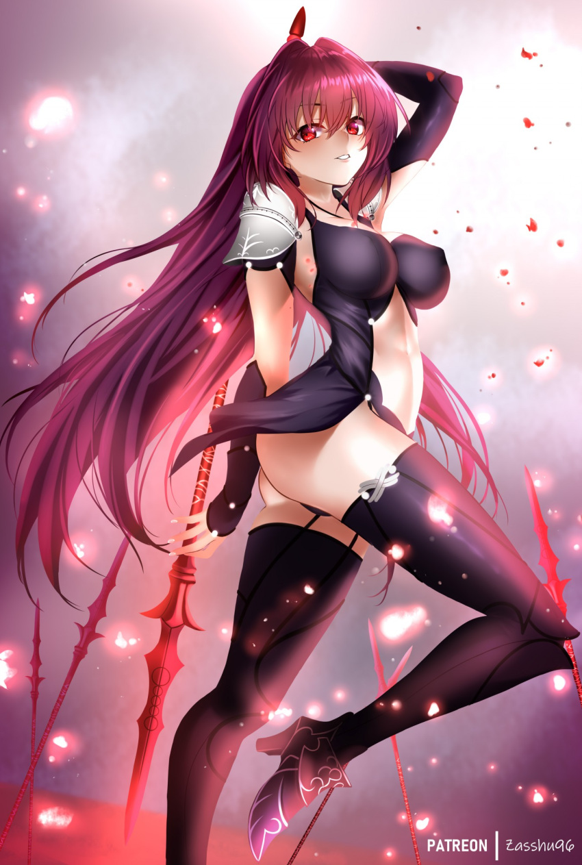 1girl armor bangs bodystocking breasts commentary covered_nipples eyebrows_visible_through_hair fate/grand_order fate_(series) high_heels highres holding holding_weapon leg_up long_hair medium_breasts parted_lips scathach_(fate)_(all) scathach_(fate/grand_order) shiny shiny_clothes shiny_hair shoulder_armor shoulder_pads simple_background solo thigh-highs thighs weapon zasshu