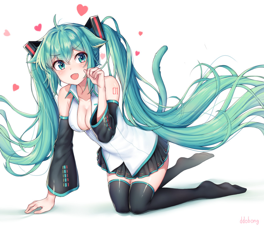 1girl :d ahoge animal_ears arm_support black_legwear black_skirt black_sleeves blue_eyes blue_hair blush cat_ears cat_tail collared_jacket detached_sleeves dress_shirt eyebrows_visible_through_hair fang floating_hair full_body hair_between_eyes hatsune_miku heart highres kk_(aky2374) kneeling long_hair long_sleeves looking_at_viewer miniskirt open_clothes open_mouth open_shirt paw_pose pleated_skirt shiny shiny_clothes shiny_hair shiny_legwear shirt skirt sleeveless sleeveless_shirt smile solo tail thigh-highs very_long_hair vocaloid white_shirt zettai_ryouiki