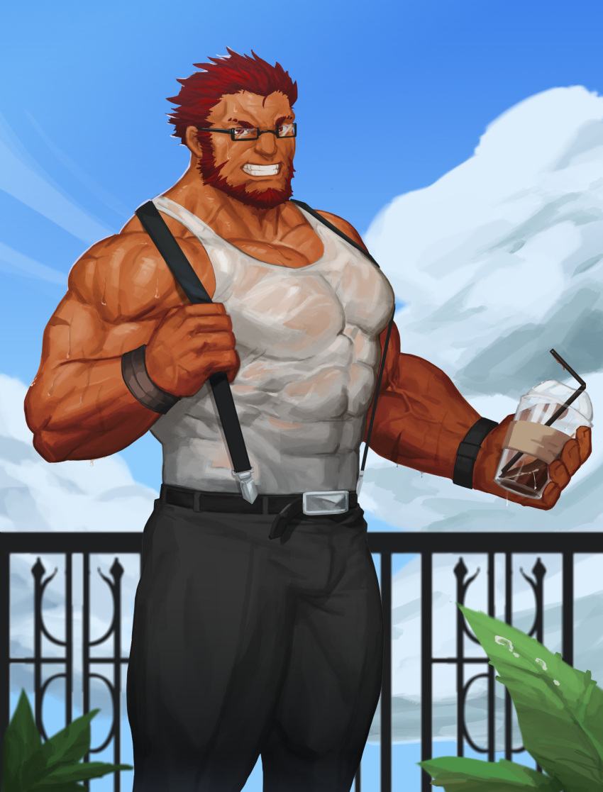 1boy abs absurdres bara bare_shoulders beard belt bracelet chest cup drinking_straw facial_hair fate/grand_order fate/zero fate_(series) glasses highres jewelry looking_at_viewer male_focus manly muscle pants pectorals redhead rider_(fate/zero) sky smile solo tank_top teeth traver009 veins