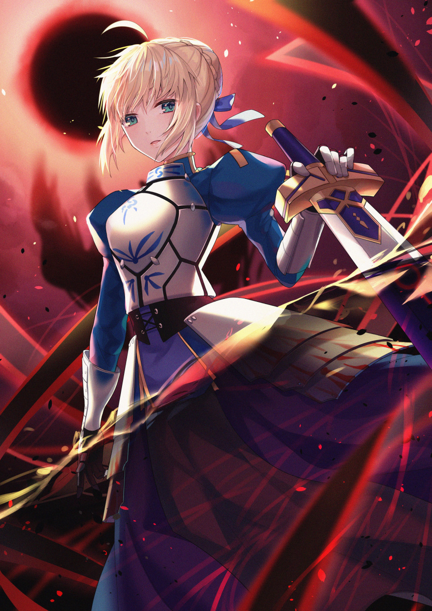 1girl absurdres ahoge armor armored_dress artoria_pendragon_(all) blonde_hair blue_dress blue_eyes blue_ribbon braided_bun breastplate dress eclipse excalibur fate/stay_night fate_(series) faulds from_below gauntlets hair_between_eyes hair_ribbon hand_on_hilt highres huge_filesize kotatsu_kaya long_dress looking_at_viewer ribbon saber shiny shiny_hair short_hair solo standing sword weapon