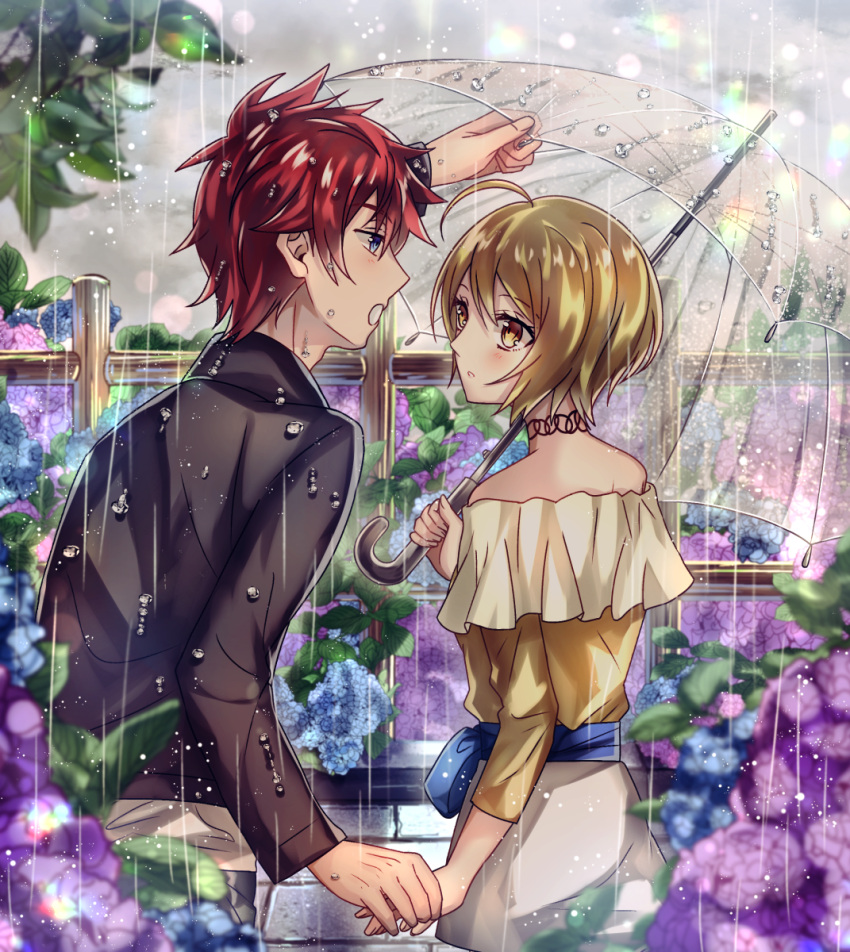 1boy 1girl black_shirt blonde_hair blue_eyes blue_flower blurry_foreground couple eye_contact flower getsuyoubi harryham_harry hetero highres holding holding_hands holding_umbrella hugtto!_precure kagayaki_homare long_sleeves looking_at_another miniskirt off-shoulder_shirt off_shoulder open_mouth outdoors parted_lips precure purple_flower rain redhead shiny shiny_hair shirt short_hair skirt sweatdrop transparent transparent_umbrella umbrella white_skirt yellow_eyes yellow_shirt