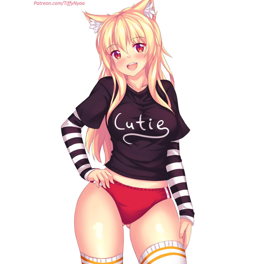 1girl animal_ear_fluff animal_ears bangs blonde_hair blush breasts buruma cat_ears cowboy_shot eyebrows_visible_through_hair fast-runner-2024 hand_on_hip highres large_breasts layered_clothing long_hair looking_at_viewer open_mouth original red_eyes slit_pupils solo thigh-highs tiffy white_background