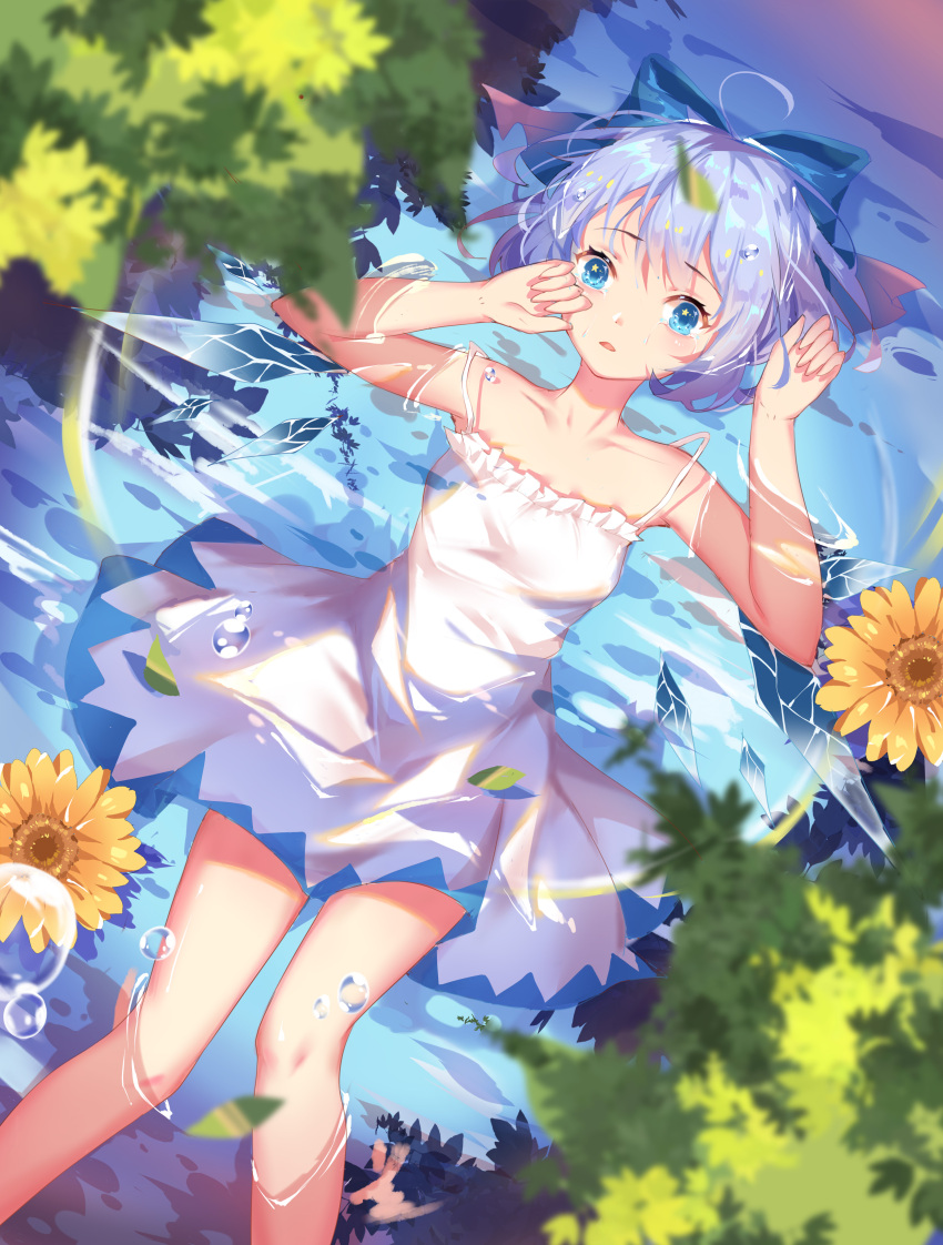 1girl absurdres ahoge alternate_costume arms_up bangs bare_arms bare_legs bare_shoulders blue_bow blue_eyes blue_hair blurry blurry_background bow breasts cirno collarbone cy_(artist) dress eyebrows_visible_through_hair feet_out_of_frame flower hair_bow highres looking_at_viewer outdoors parted_lips partially_submerged short_dress short_hair small_breasts solo spaghetti_strap sunflower tears thighs touhou water water_drop white_dress