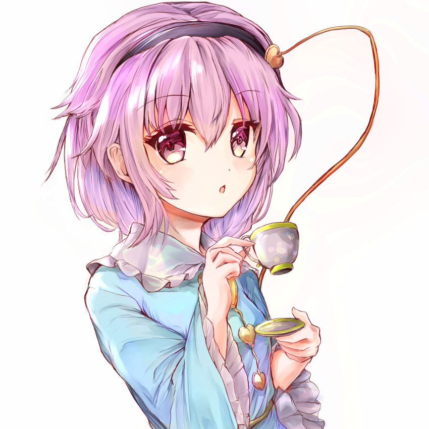1girl arms_up blouse blue_blouse commentary_request cup eyebrows_visible_through_hair frilled_shirt_collar frilled_sleeves frills hair_between_eyes hair_ornament hairband heart heart_hair_ornament highres holding holding_cup holding_saucer ikazuchi_akira komeiji_satori long_sleeves looking_at_viewer open_mouth purple_hair saucer short_hair simple_background solo teacup touhou upper_body violet_eyes white_background wide_sleeves