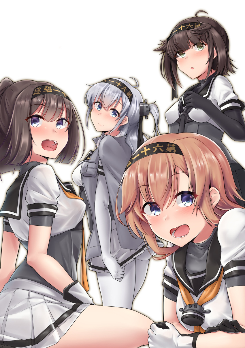 4girls absurdres ahoge akizuki_(kantai_collection) anchor_symbol black_bodysuit black_gloves black_hair black_headband black_sailor_collar black_skirt bodysuit braid brown_hair clothes_writing commentary_request corset gloves grey_eyes grey_jacket hachimaki hair_flaps hair_ornament hatsuzuki_(kantai_collection) headband highres jacket jacket_on_shoulders kantai_collection kiritto light_brown_hair long_hair looking_at_viewer lying multiple_girls neckerchief on_stomach one_side_up open_mouth pleated_skirt ponytail propeller_hair_ornament sailor_collar school_uniform serafuku short_hair silver_hair simple_background sitting skirt smile standing suzutsuki_(kantai_collection) teruzuki_(kantai_collection) twin_braids violet_eyes white_background white_bodysuit white_gloves white_skirt yellow_neckwear