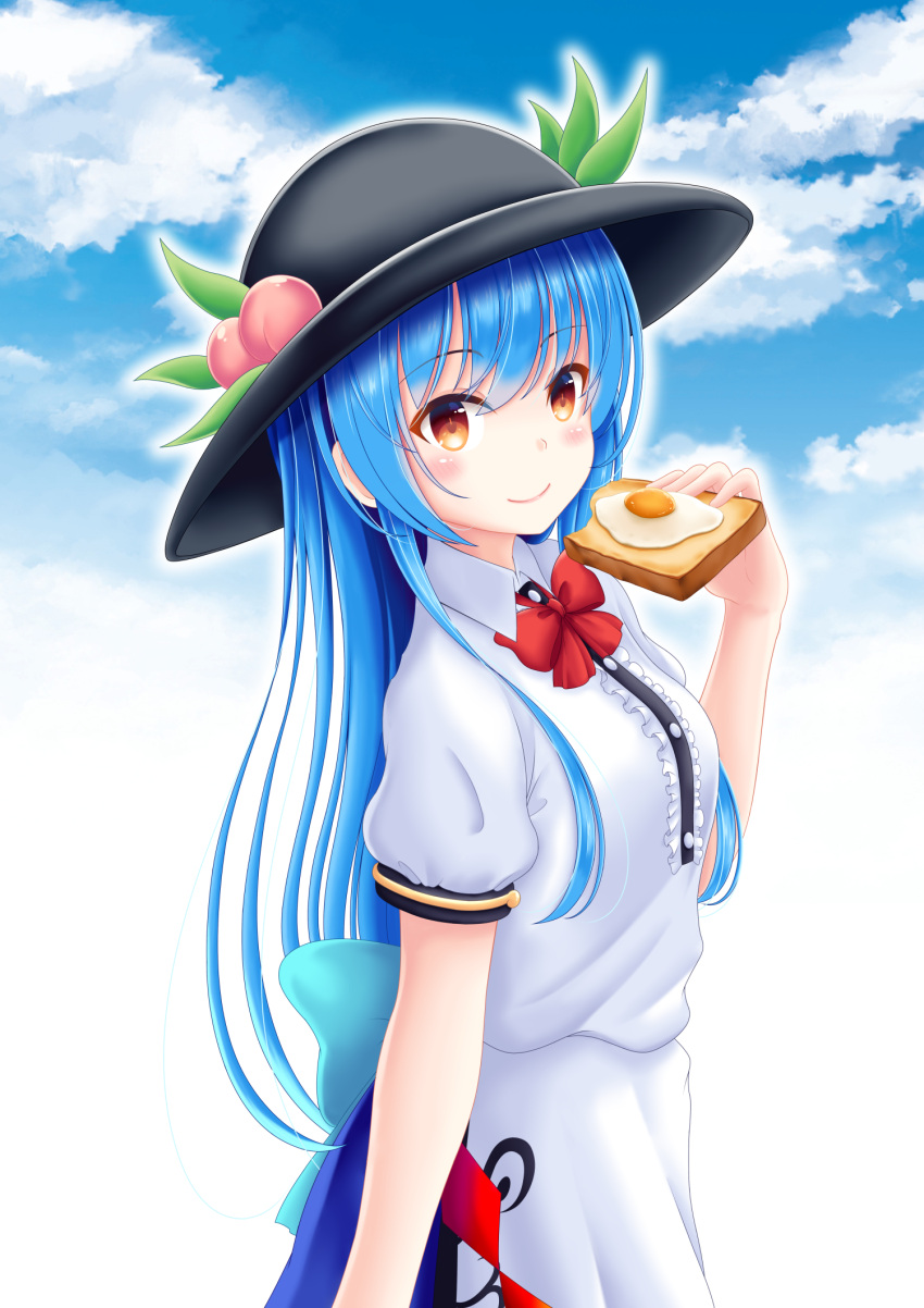 1girl apron black_headwear blue_bow blue_hair blue_skirt blue_sky blush bow bowtie brown_eyes closed_mouth clouds collared_shirt dress_shirt eyebrows_visible_through_hair food hair_between_eyes hat highres hinanawi_tenshi holding holding_food long_hair looking_at_viewer red_bow red_neckwear reimei_(r758120518) shiny shiny_hair shirt short_sleeves skirt sky smile solo standing touhou very_long_hair waist_apron white_apron white_background white_shirt wing_collar
