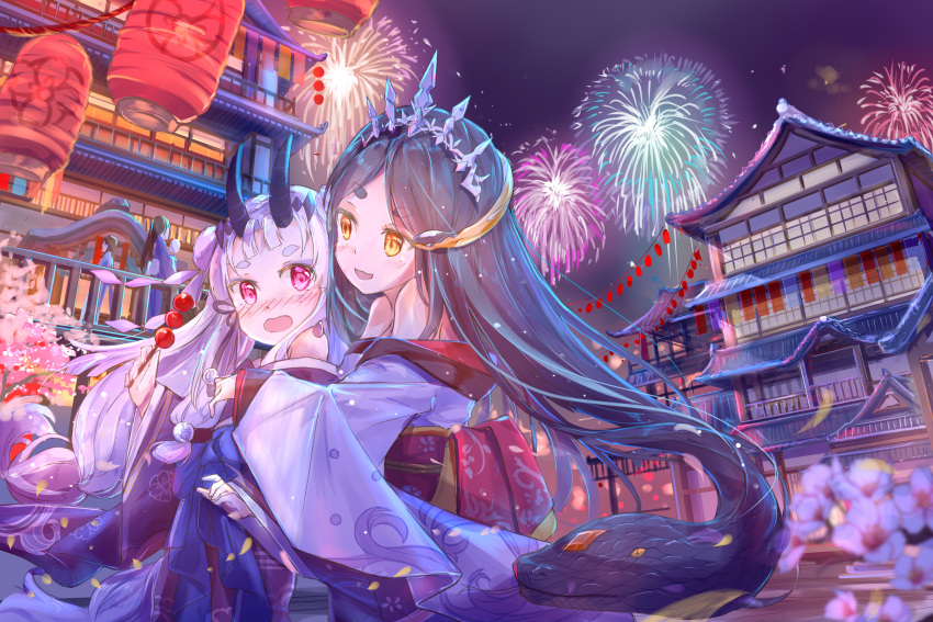 4girls aerial_fireworks animal architecture bangs bare_shoulders black_hair blurry blurry_foreground blush brown_eyes commentary_request depth_of_field double_bun east_asian_architecture eyebrows_visible_through_hair fireworks floral_print flower hair_ornament highres horns japanese_clothes kimono lantern long_hair long_sleeves multiple_girls night night_sky nose_blush obi off_shoulder oni oni_horns open_mouth original outdoors paper_lantern parted_bangs peas_(peas0125) pink_flower print_kimono purple_kimono red_eyes sash short_eyebrows sky sleeves_past_wrists snake snake_hair thick_eyebrows tiara very_long_hair white_flower wide_sleeves