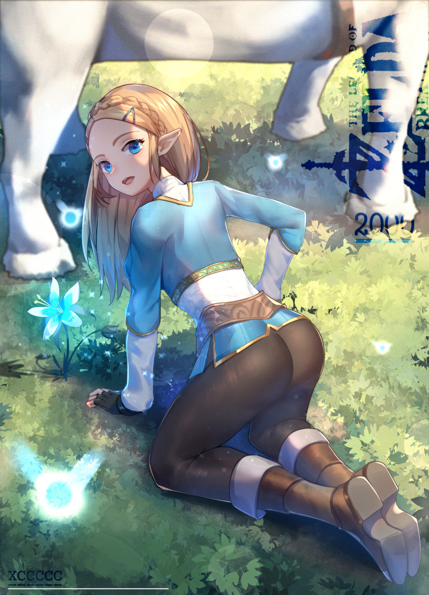 1girl 2000 :d absurdres arm_support ass black_gloves black_pants blonde_hair blue_eyes blue_flower blue_shirt boots braid breasts brown_footwear chinese_commentary commentary_request copyright_name fairy fingerless_gloves flower from_behind full_body gloves grass hair_ornament hairclip highres horse huge_filesize kneeling large_breasts lens_flare long_hair long_sleeves looking_at_viewer looking_back open_mouth outdoors pants pointy_ears princess_zelda shadow shirt shoe_soles sidelocks smile solo sparkle the_legend_of_zelda the_legend_of_zelda:_breath_of_the_wild thighs xingchee
