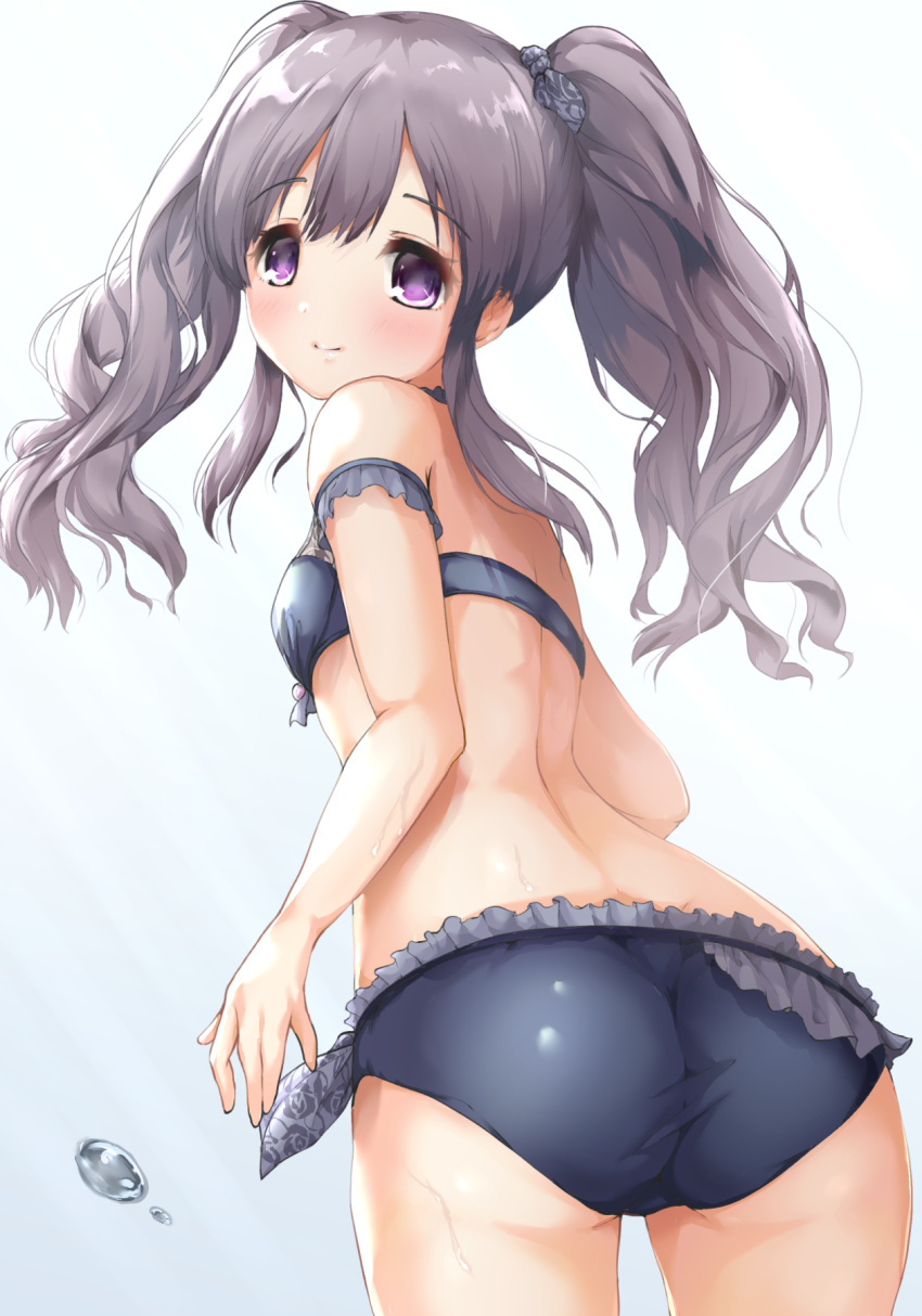 1girl ass bangs bare_arms bare_shoulders bikini black_bikini blue_background blush bow breasts closed_mouth commentary_request eyebrows_visible_through_hair frilled_bikini frills gradient gradient_background grey_hair hair_between_eyes hair_bow highres idolmaster idolmaster_shiny_colors kuroba_aki long_hair sidelocks small_breasts smile solo swimsuit twintails violet_eyes wet white_background yuukoku_kiriko